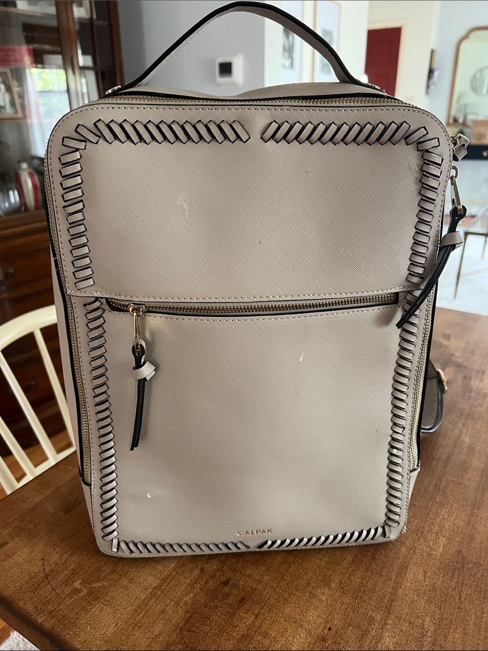 Calpak Cream Kaya Laptop Backpack with Whipstitch Trim